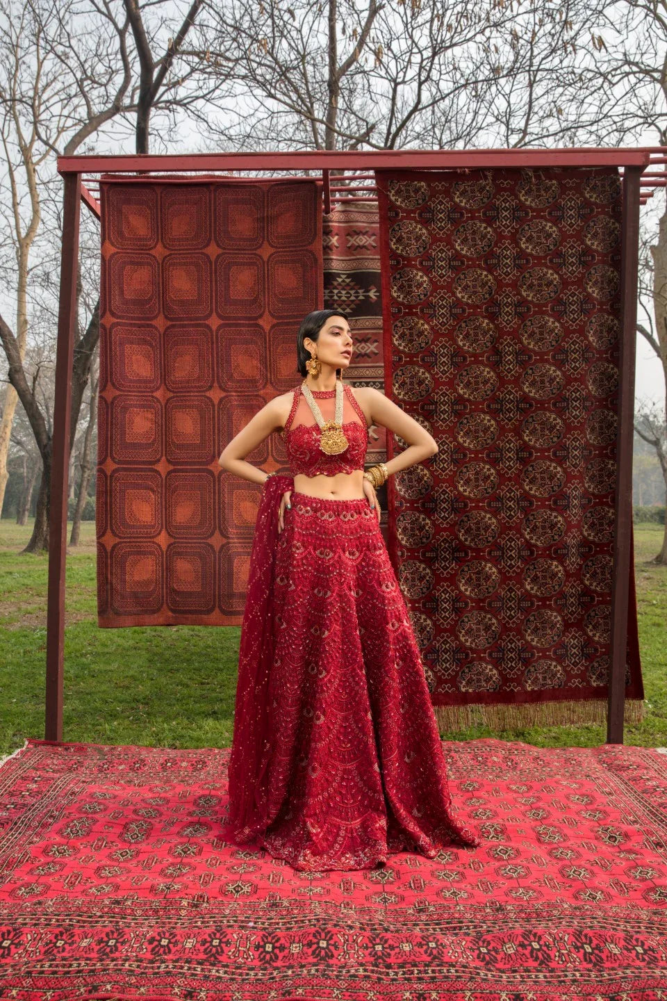 Pakistani Deep Red Tillah Embroidered Raw Silk Bridal Lehenga (3-Piece) - Image 1