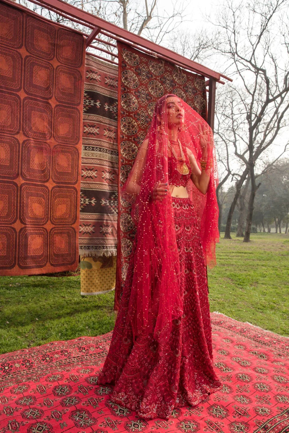 Pakistani Deep Red Tillah Embroidered Raw Silk Bridal Lehenga (3-Piece) - Image 2