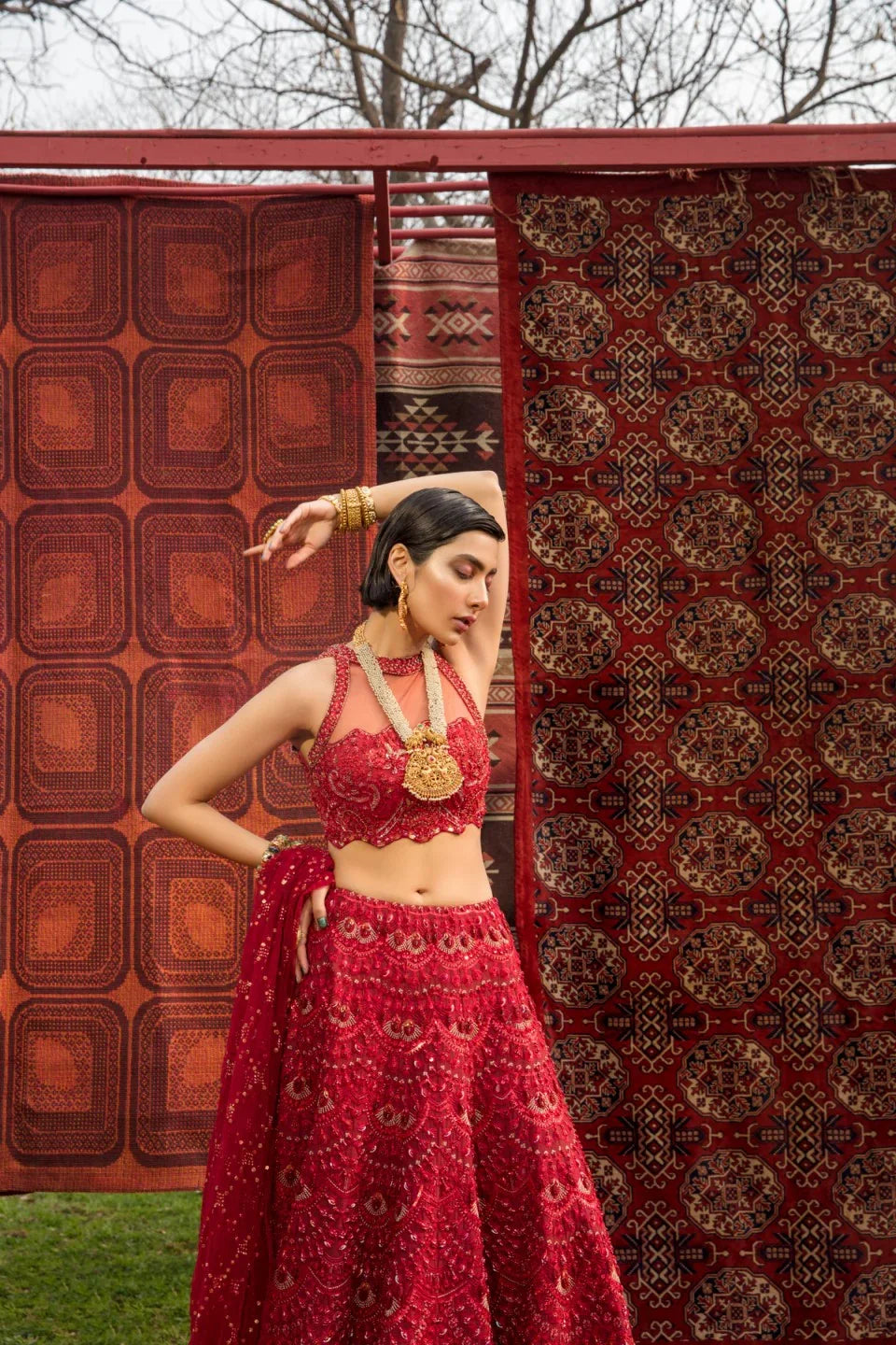 Pakistani Deep Red Tillah Embroidered Raw Silk Bridal Lehenga (3-Piece) - Image 3