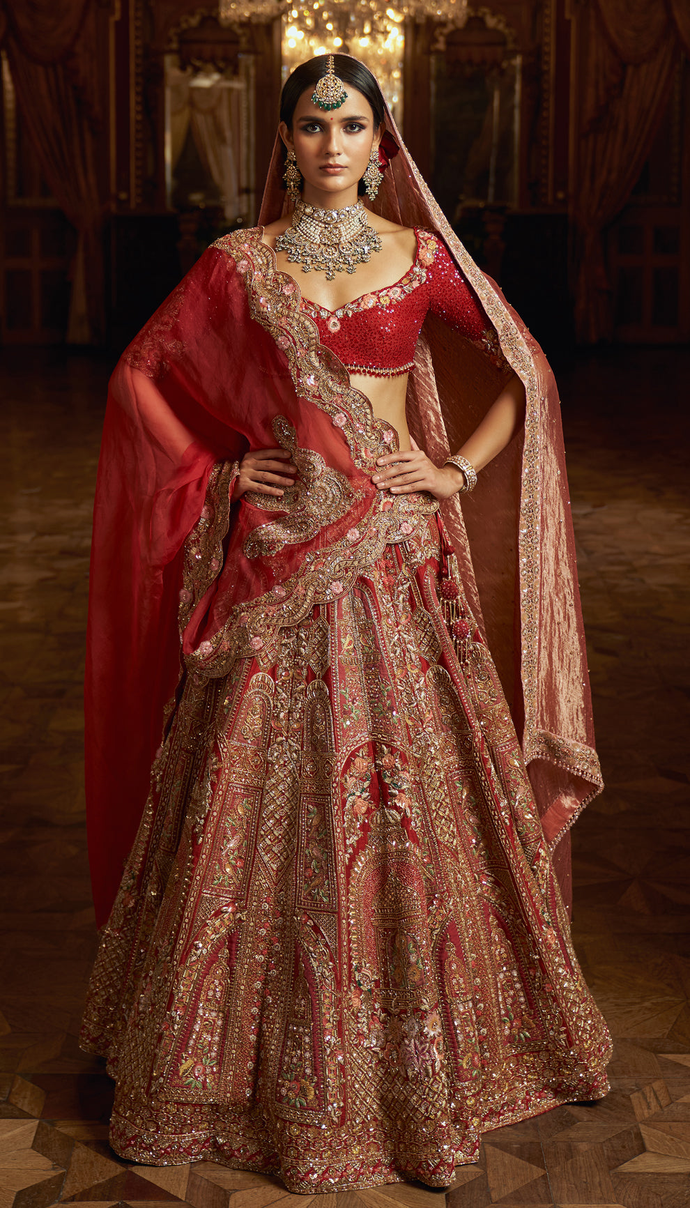 Crimson Red Zardozi Raw Silk Lehenga (3-Piece) - Image 1
