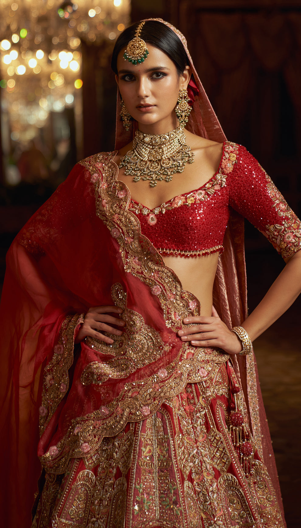 Crimson Red Zardozi Raw Silk Lehenga (3-Piece) - Image 3