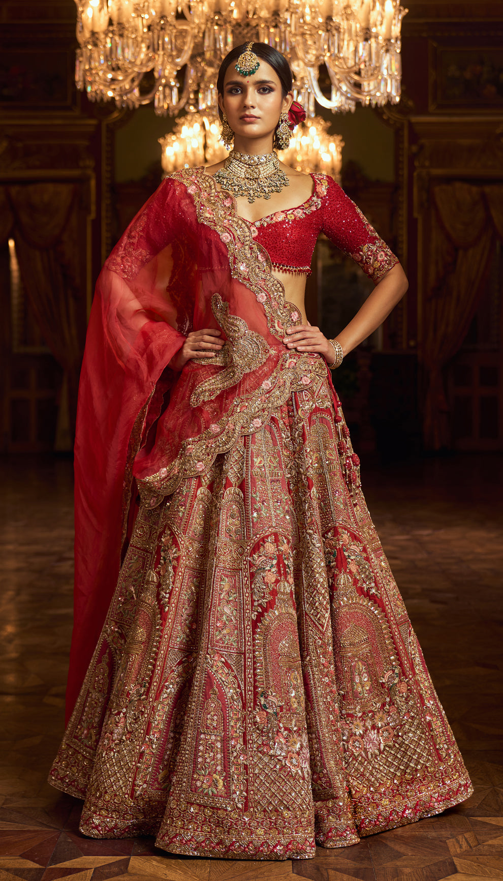 Crimson Red Zardozi Raw Silk Lehenga (3-Piece) - Image 5