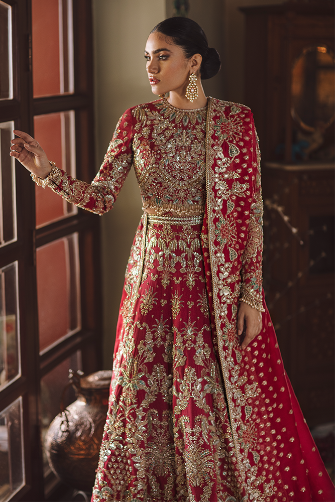 Pakistani Berry Red Embroidered Raw Silk Lehenga Choli (3-Piece) - Image 3