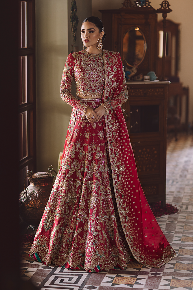Pakistani Berry Red Embroidered Raw Silk Lehenga Choli (3-Piece) - Image 4