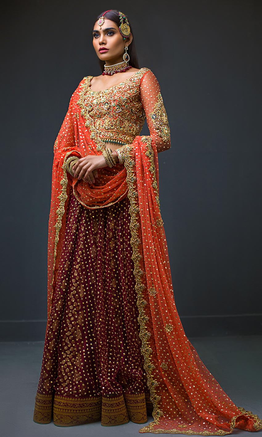 Pakistani Red and Orange Embellished Silk Bridal Lehenga (3-Piece) - Image 1