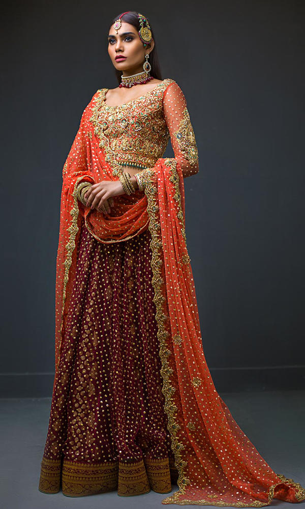 Pakistani Red and Orange Embellished Silk Bridal Lehenga (3-Piece) - Image 2