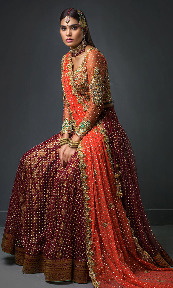 Pakistani Red and Orange Embellished Silk Bridal Lehenga (3-Piece) - Image 4