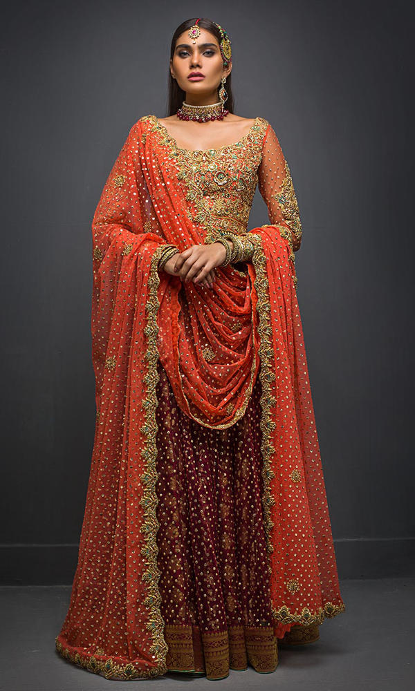 Pakistani Red and Orange Embellished Silk Bridal Lehenga (3-Piece) - Image 5