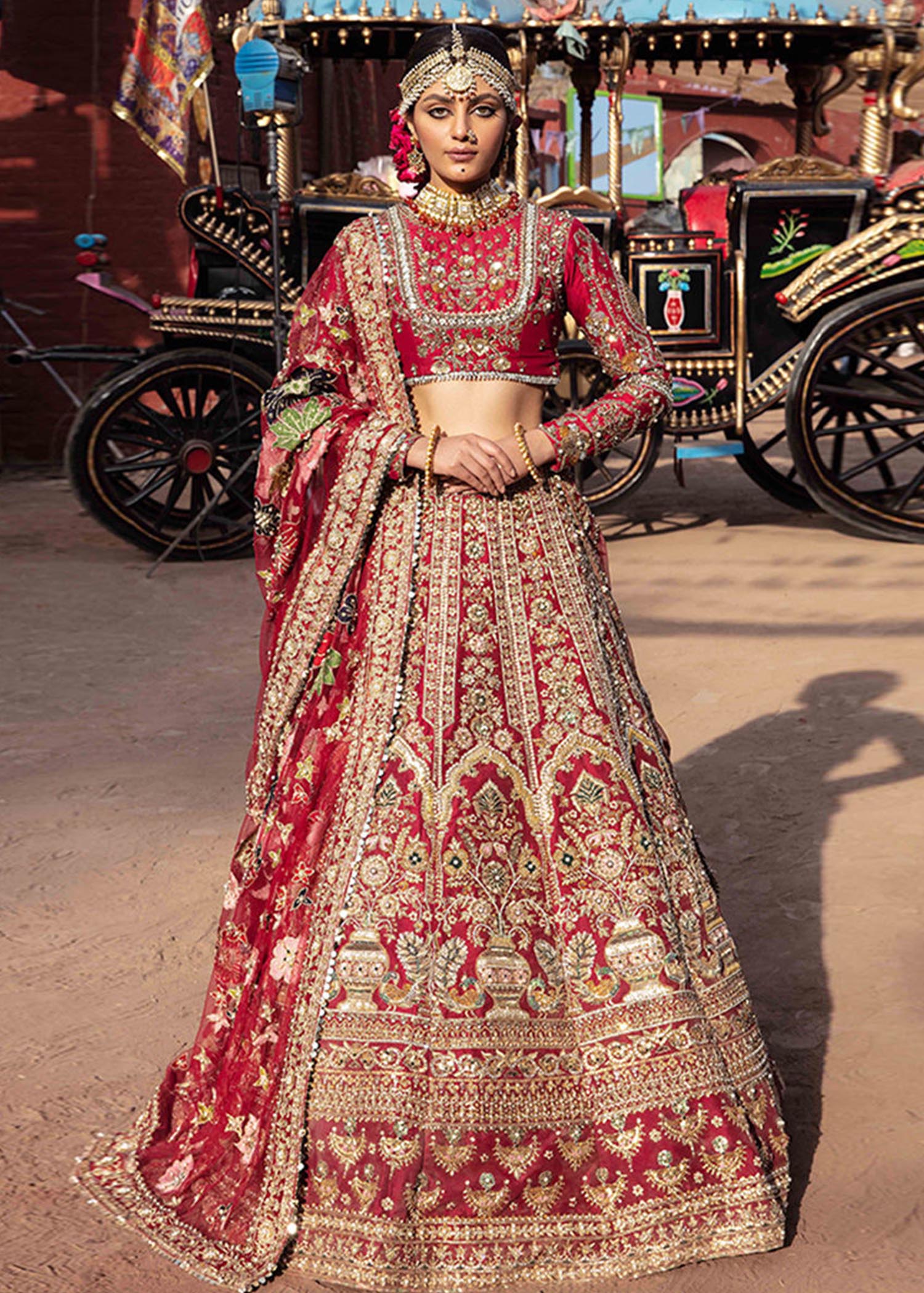 Pakistani Ruby Red Zardozi Raw Silk Bridal Lehenga Choli (3-Piece) - Image 1