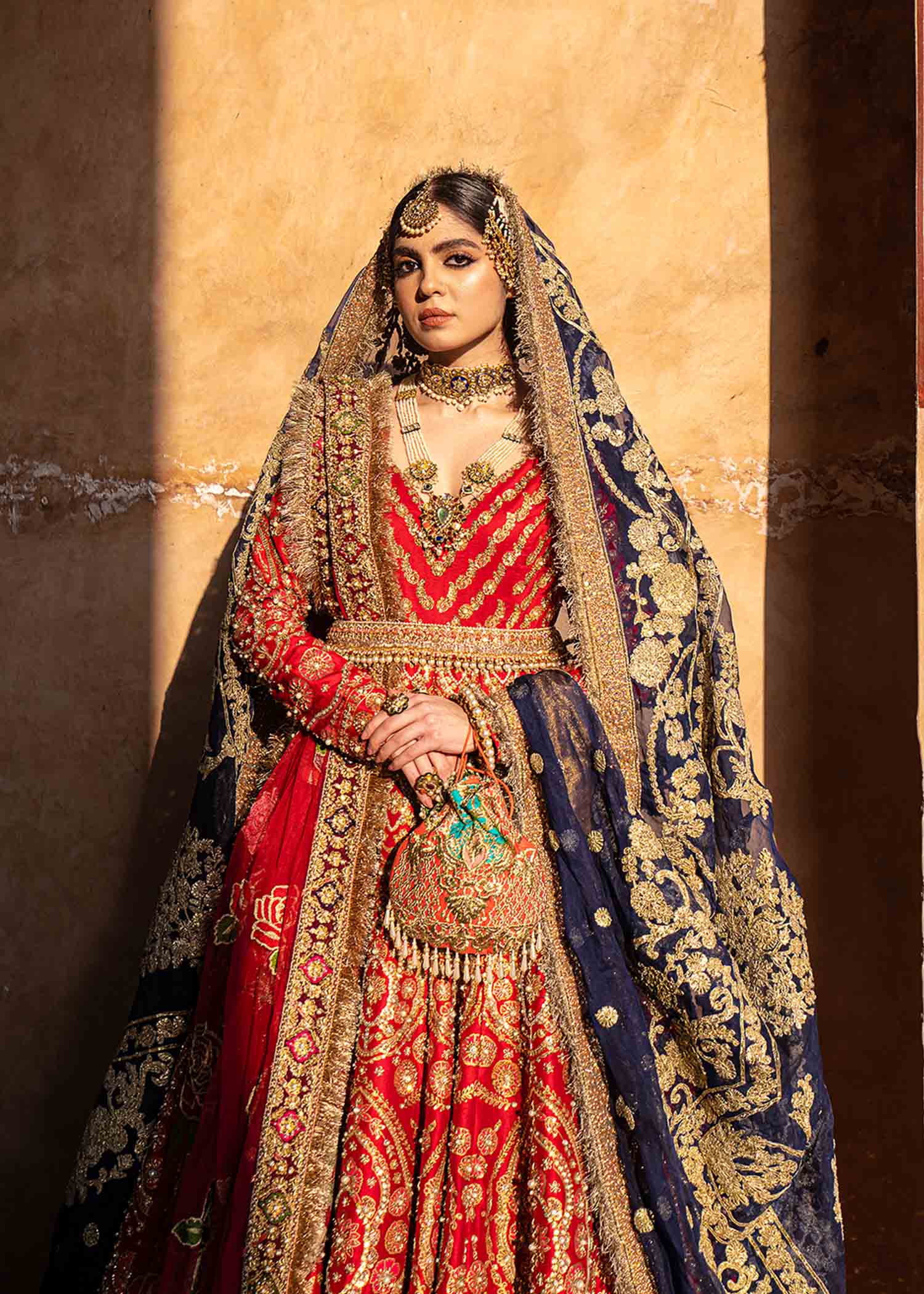 Pakistani Scarlet Red Embellished Raw Silk Lehenga (3-Piece) - Image 4