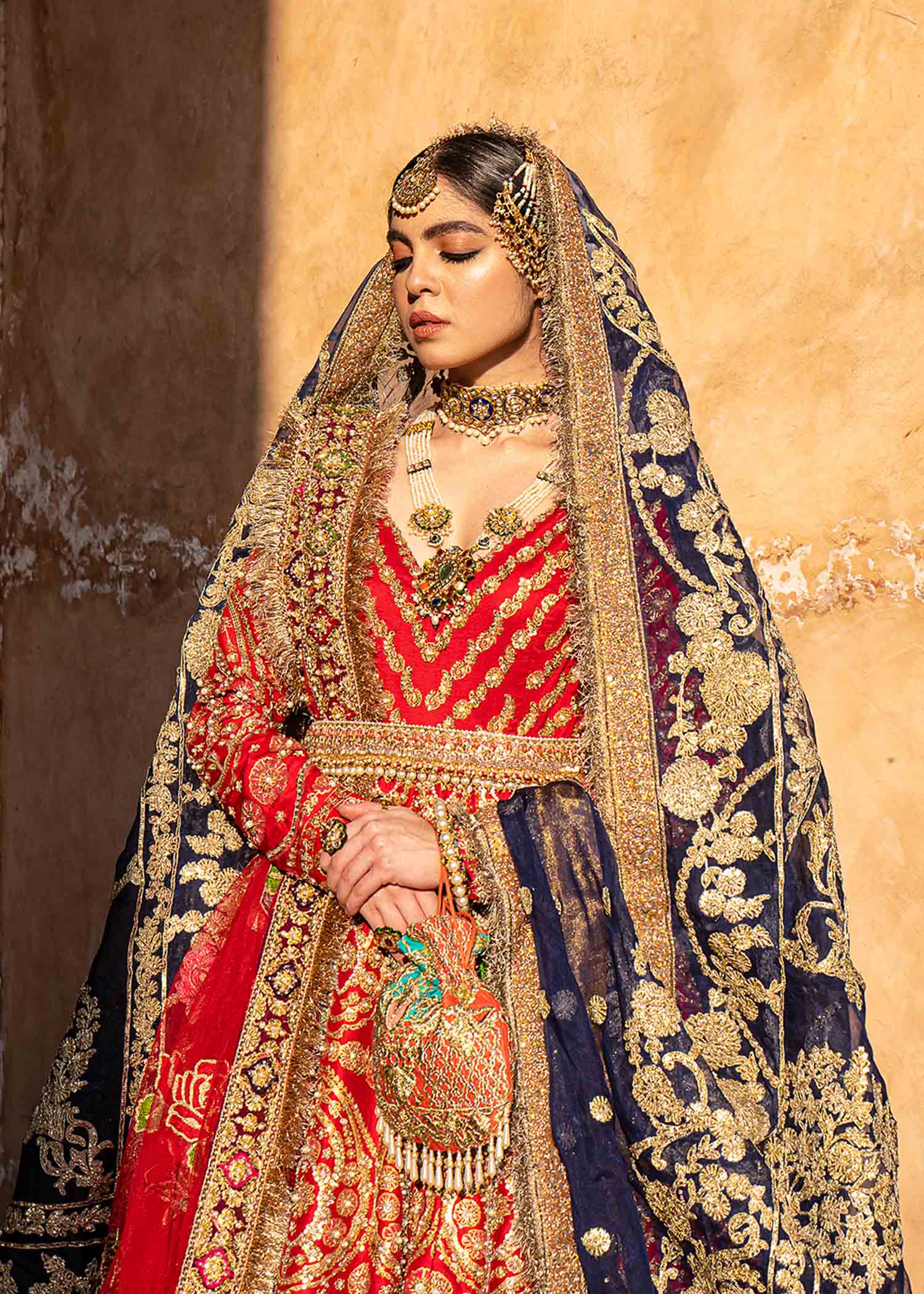 Pakistani Scarlet Red Embellished Raw Silk Lehenga (3-Piece) - Image 6