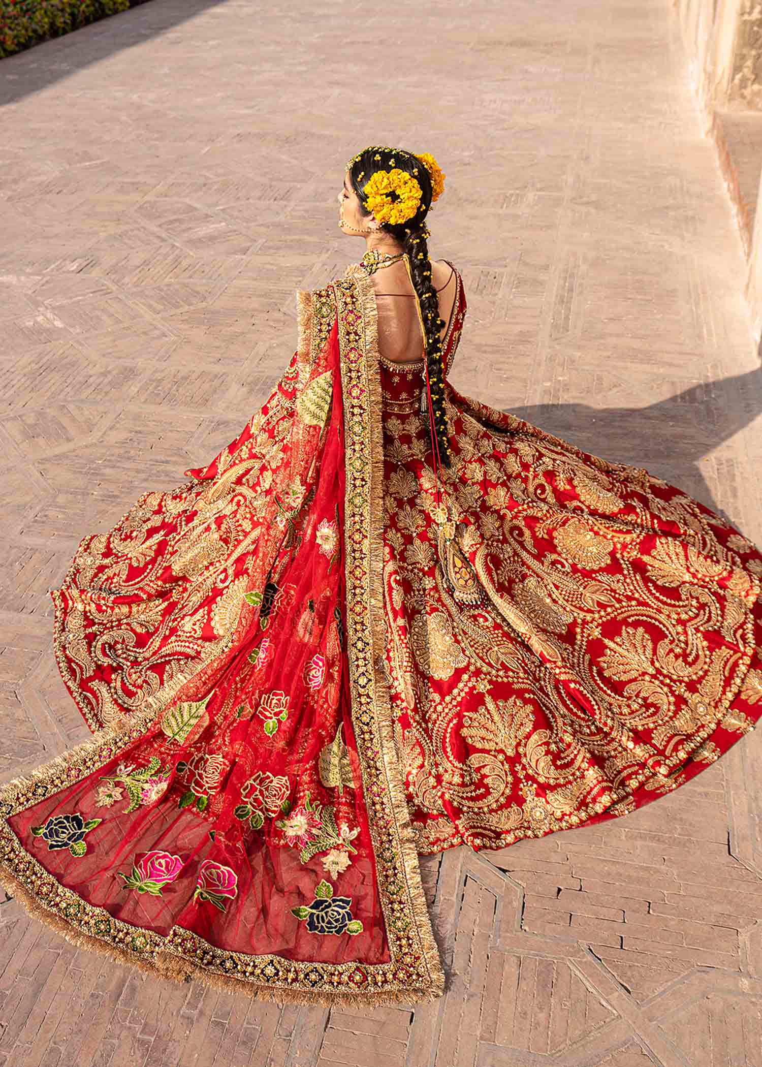 Ruby Red Embroidered Raw Silk Lehenga (3-Piece) - Image 5