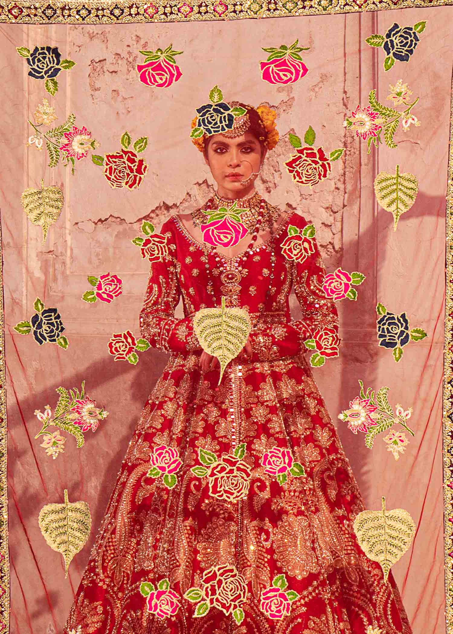 Ruby Red Embroidered Raw Silk Lehenga (3-Piece) - Image 7