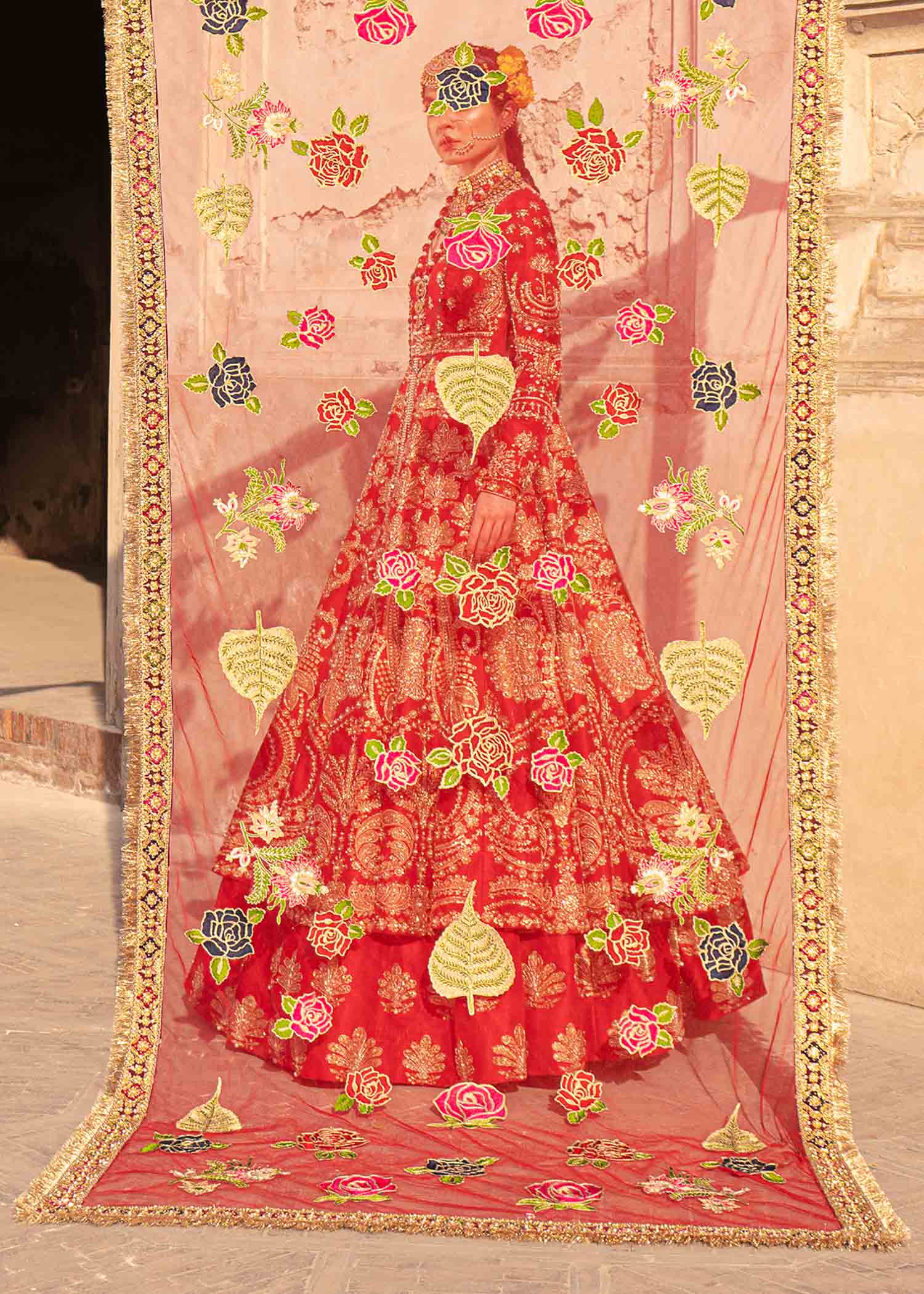 Ruby Red Embroidered Raw Silk Lehenga (3-Piece) - Image 8