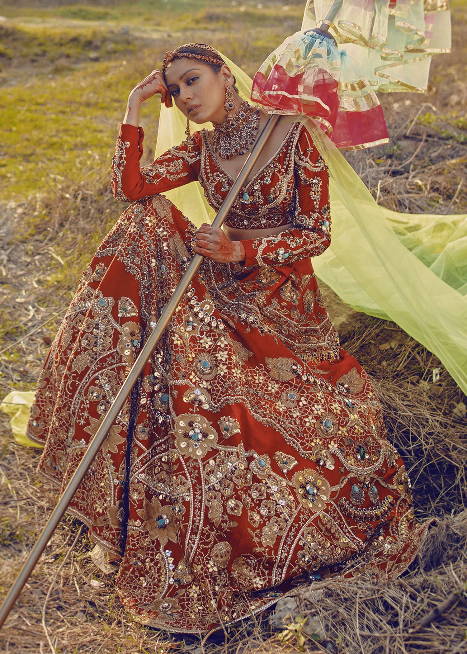 Pakistani Red Zardozi Raw Silk Bridal Lehenga (3-Piece) - Image 3