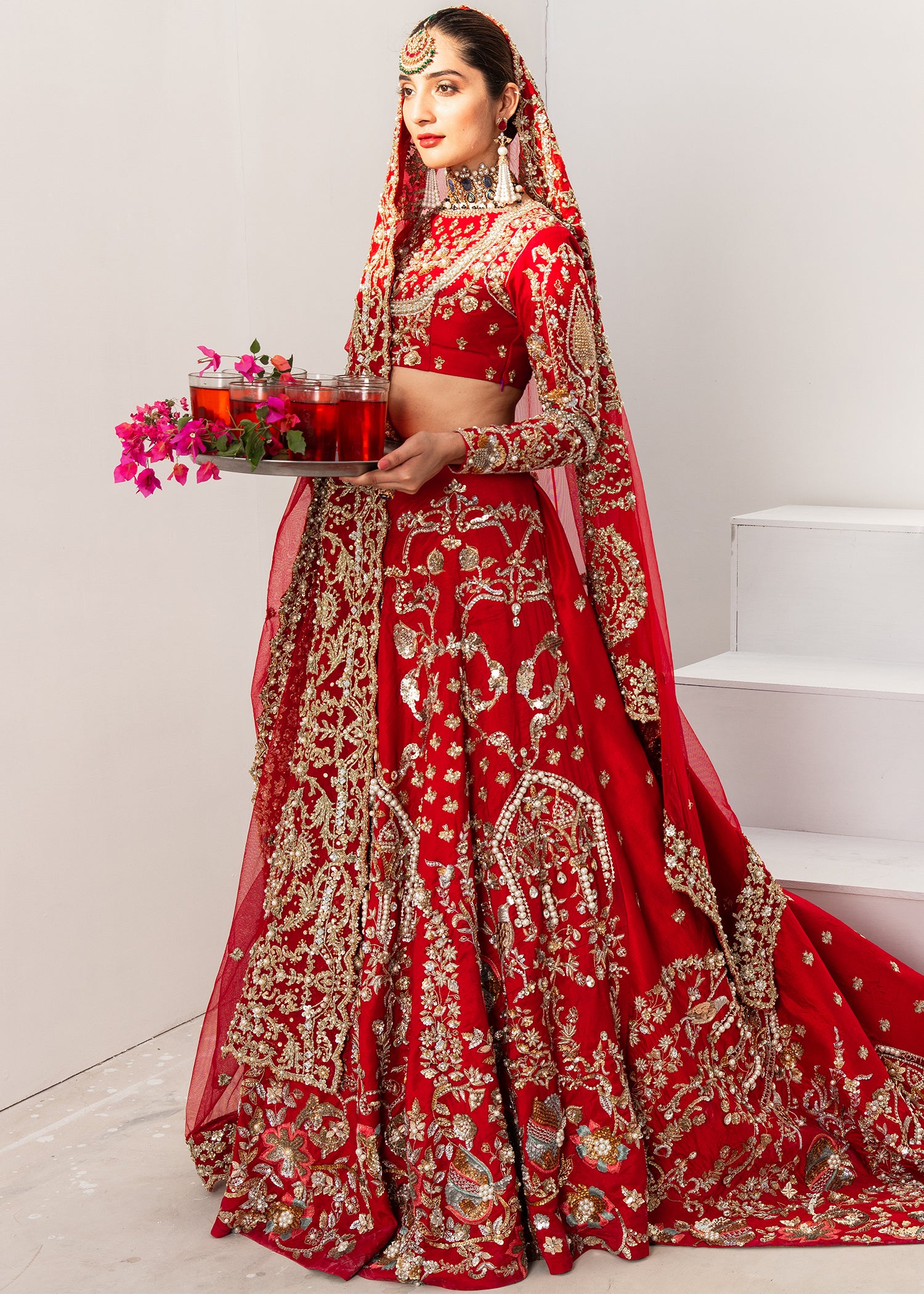 Red Embroidered Raw Silk Lehenga Dress (3-Piece) - Image 1
