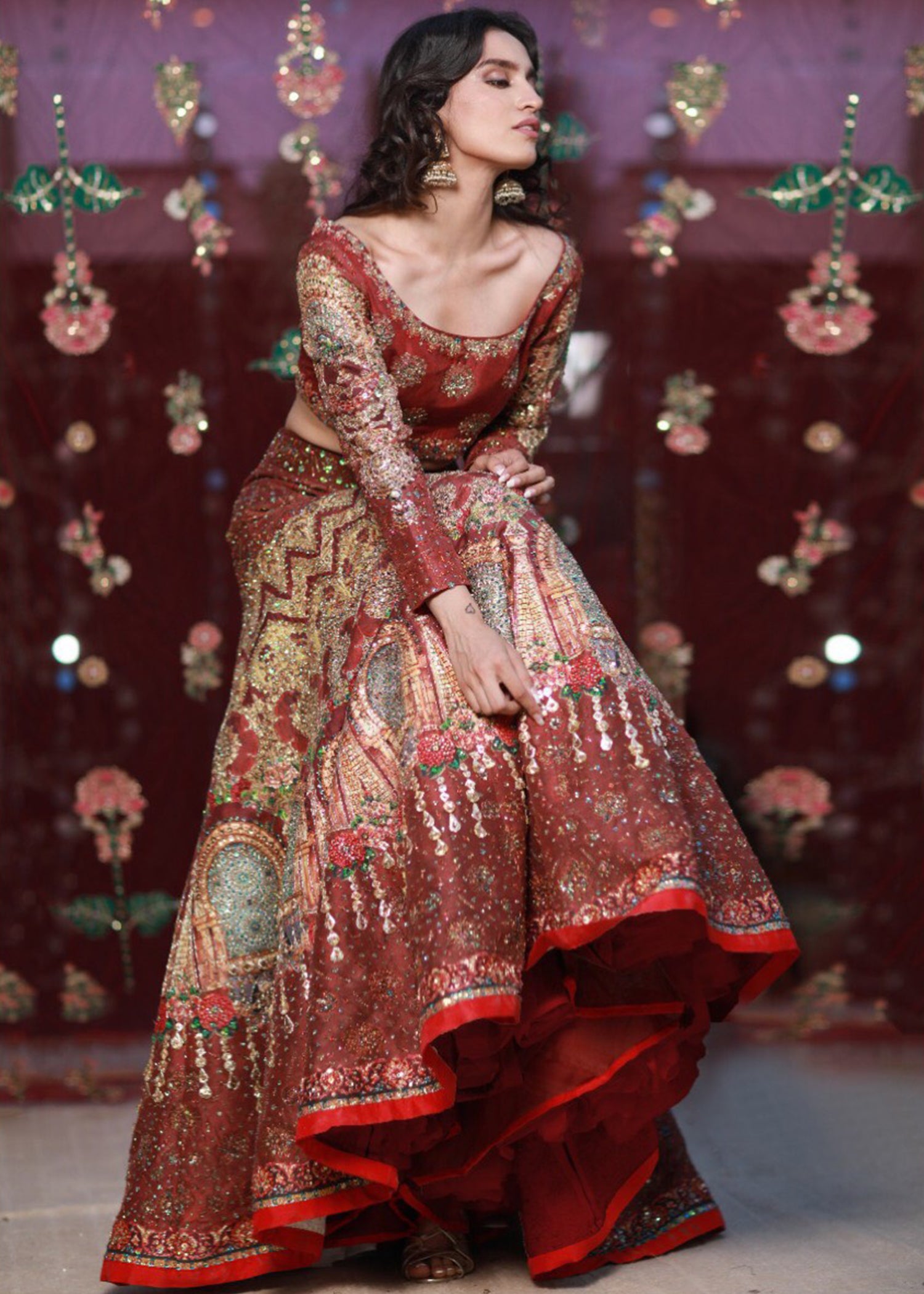 Vermilion Embroidered Raw Silk Lehenga (3-Piece) - Image 1