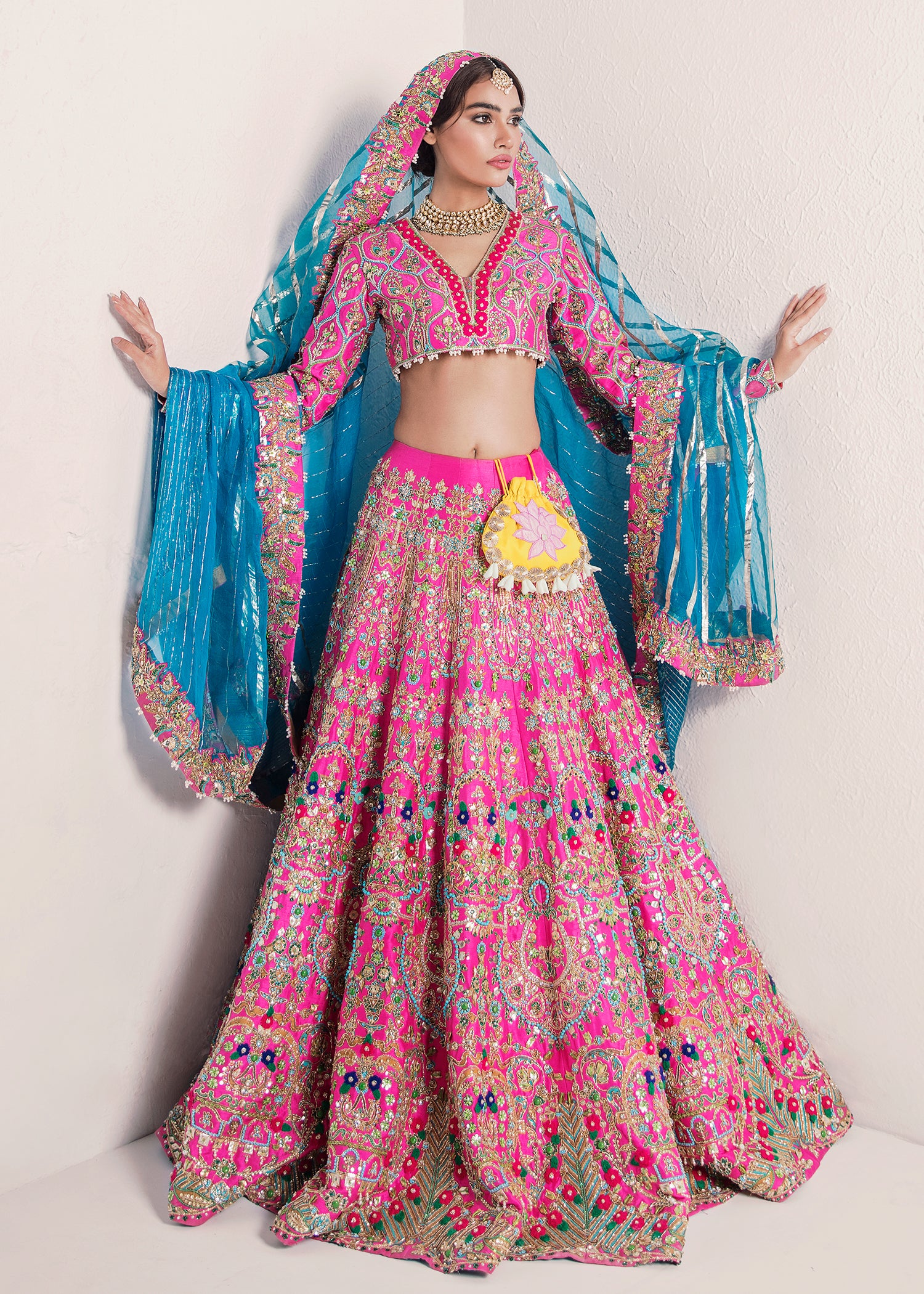Vermilion Embroidered Raw Silk Lehenga (3-Piece) - Image 2