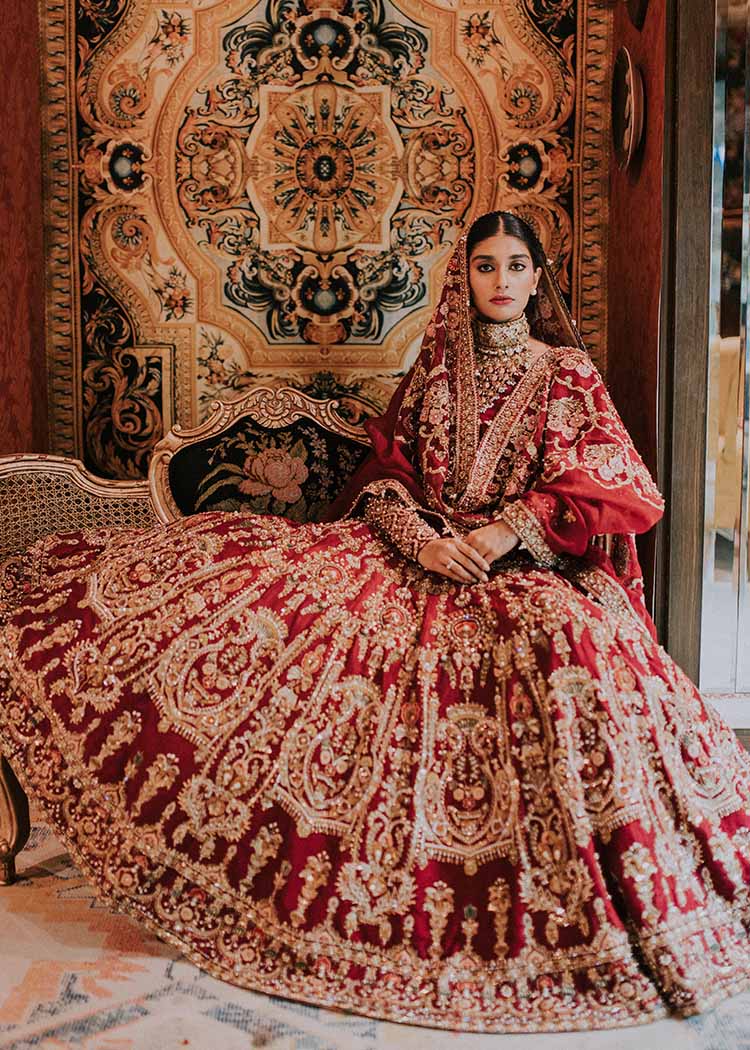 Vermilion Embroidered Raw Silk Lehenga (3-Piece) - Image 6