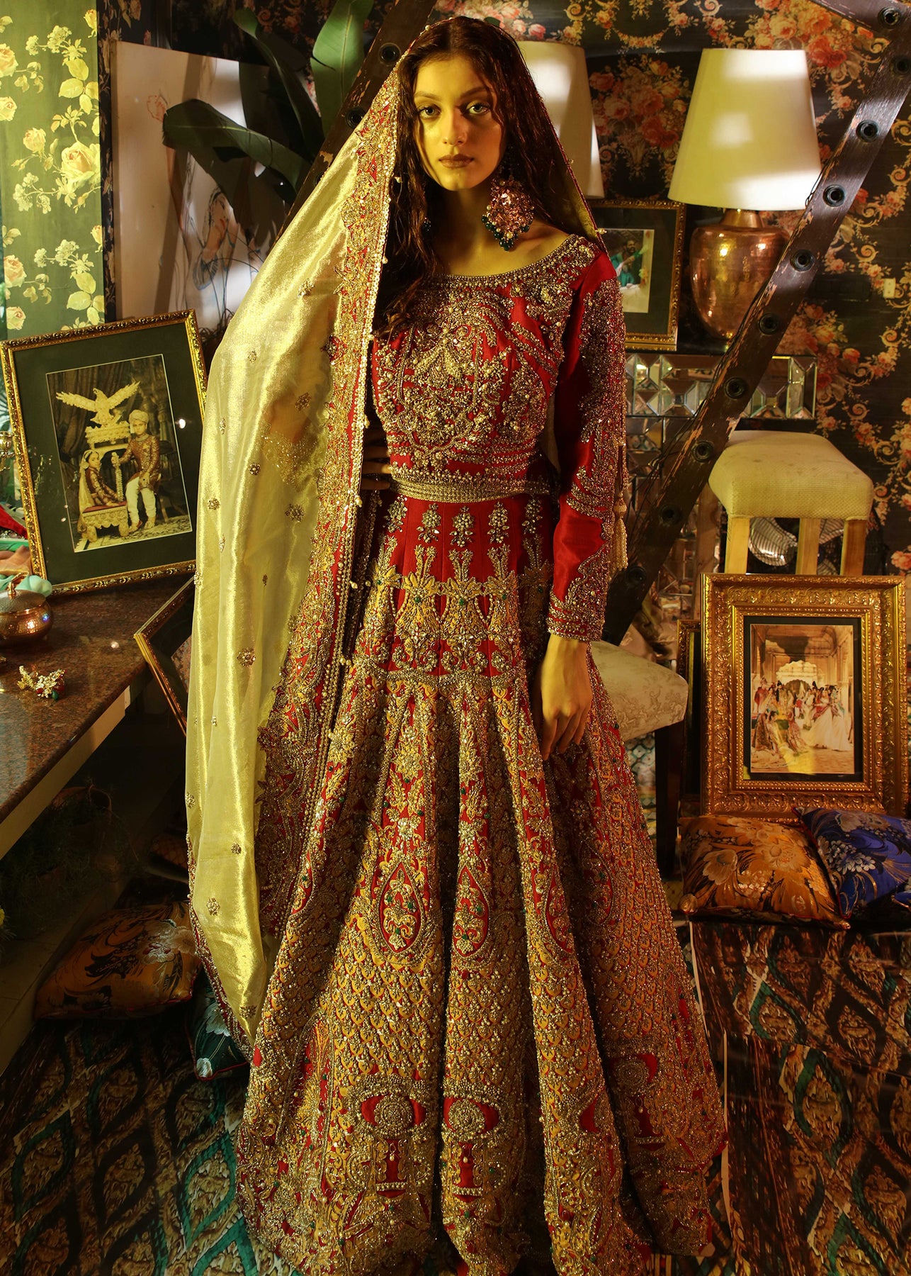 Red Zardozi Raw Silk Lehenga Choli (3-Piece) - Image 3