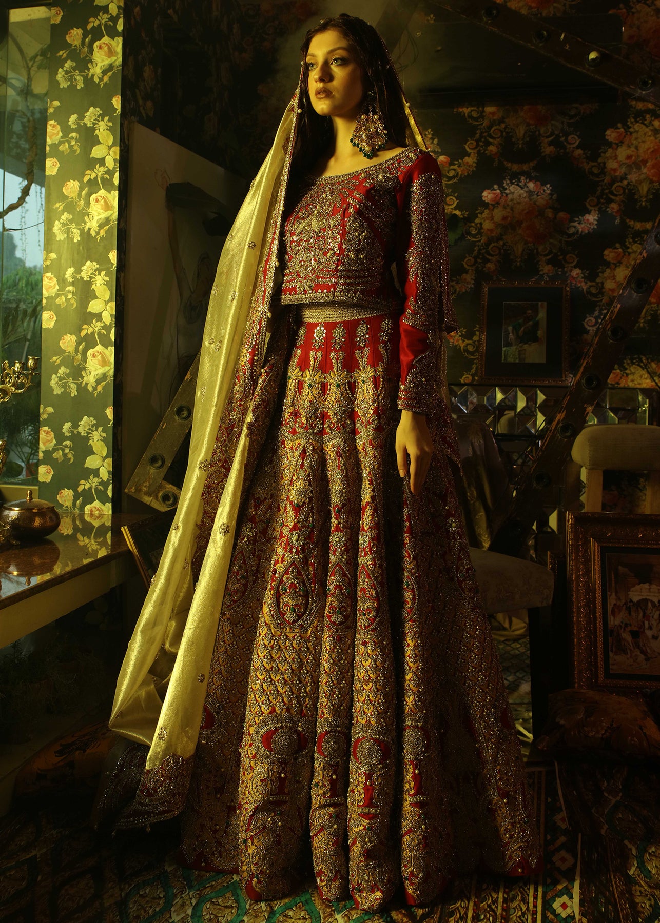 Red Zardozi Raw Silk Lehenga Choli (3-Piece) - Image 7