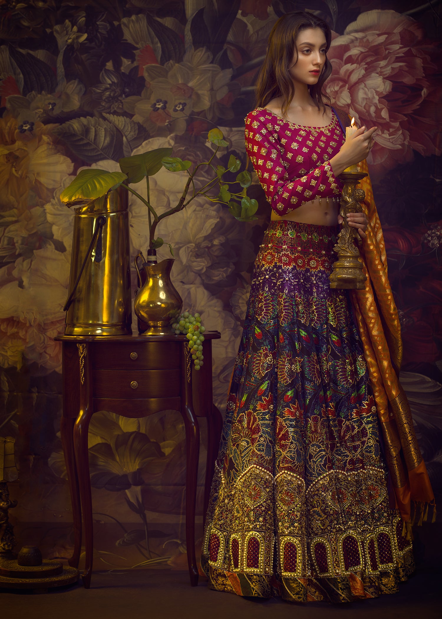 Pakistani Red Embroidered Raw Silk Lehenga Choli (3-Piece) - Image 1