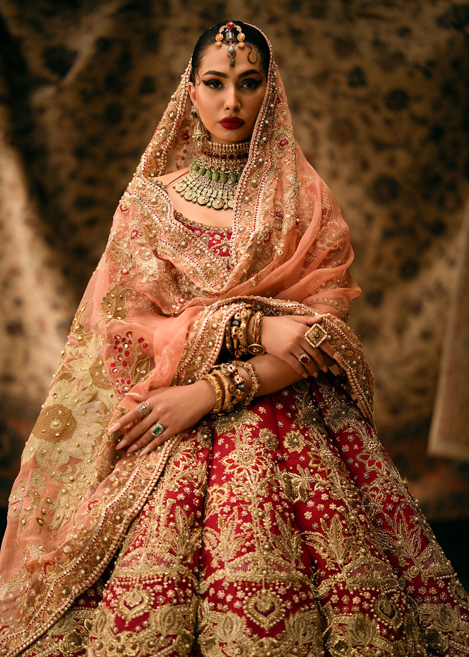 Pakistani Ruby Red Embellished Raw Silk Lehenga & Pishwas (3-Piece) - Image 2