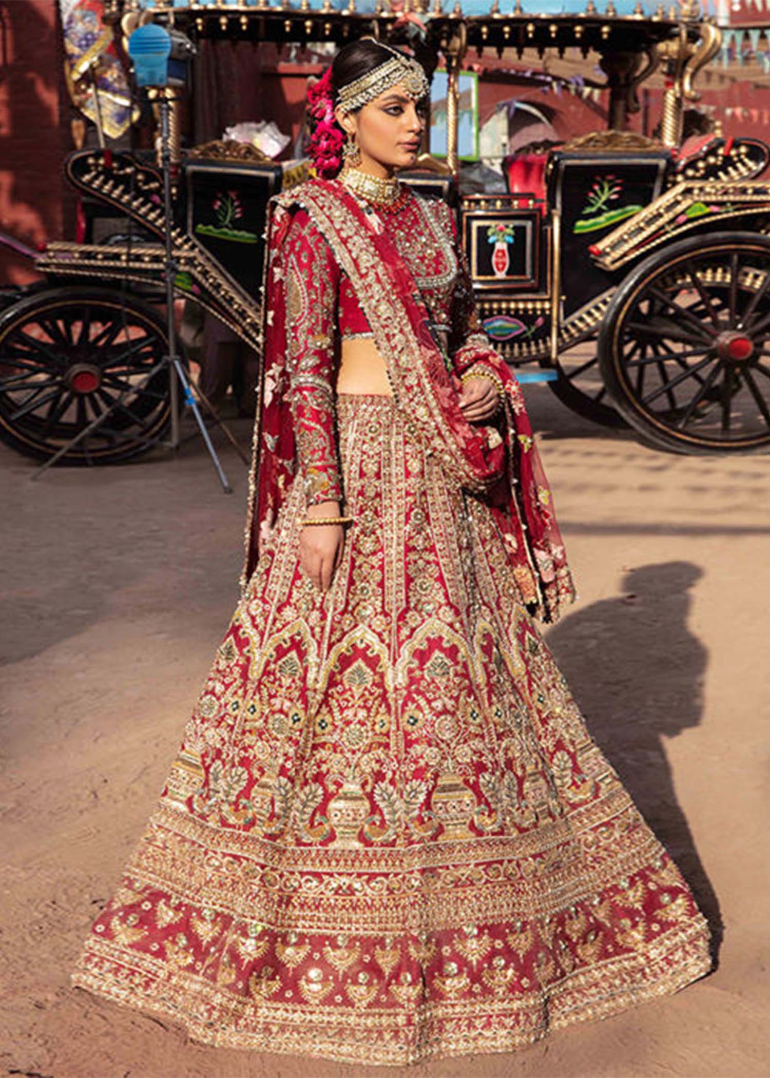 Ruby Red Zardozi Raw Silk Bridal Lehenga Choli (3-Piece) - Image 2