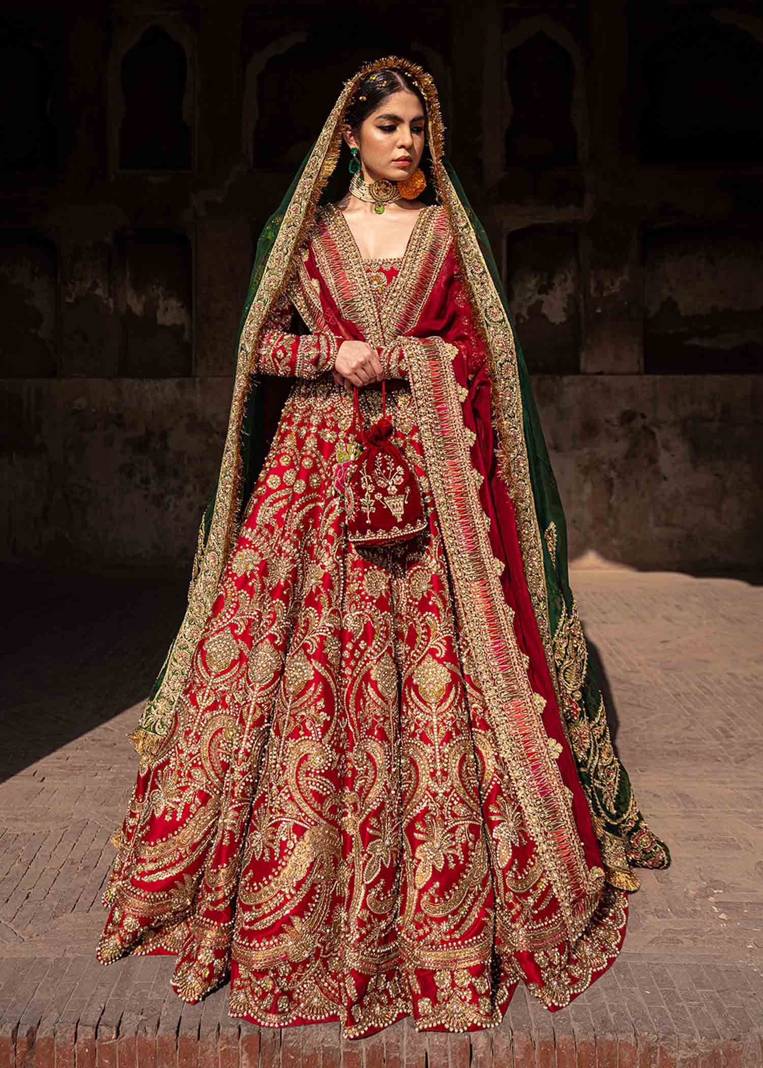 Pakistani Crimson Red Embroidered Raw Silk Bridal Lehenga (3-Piece) - Image 1