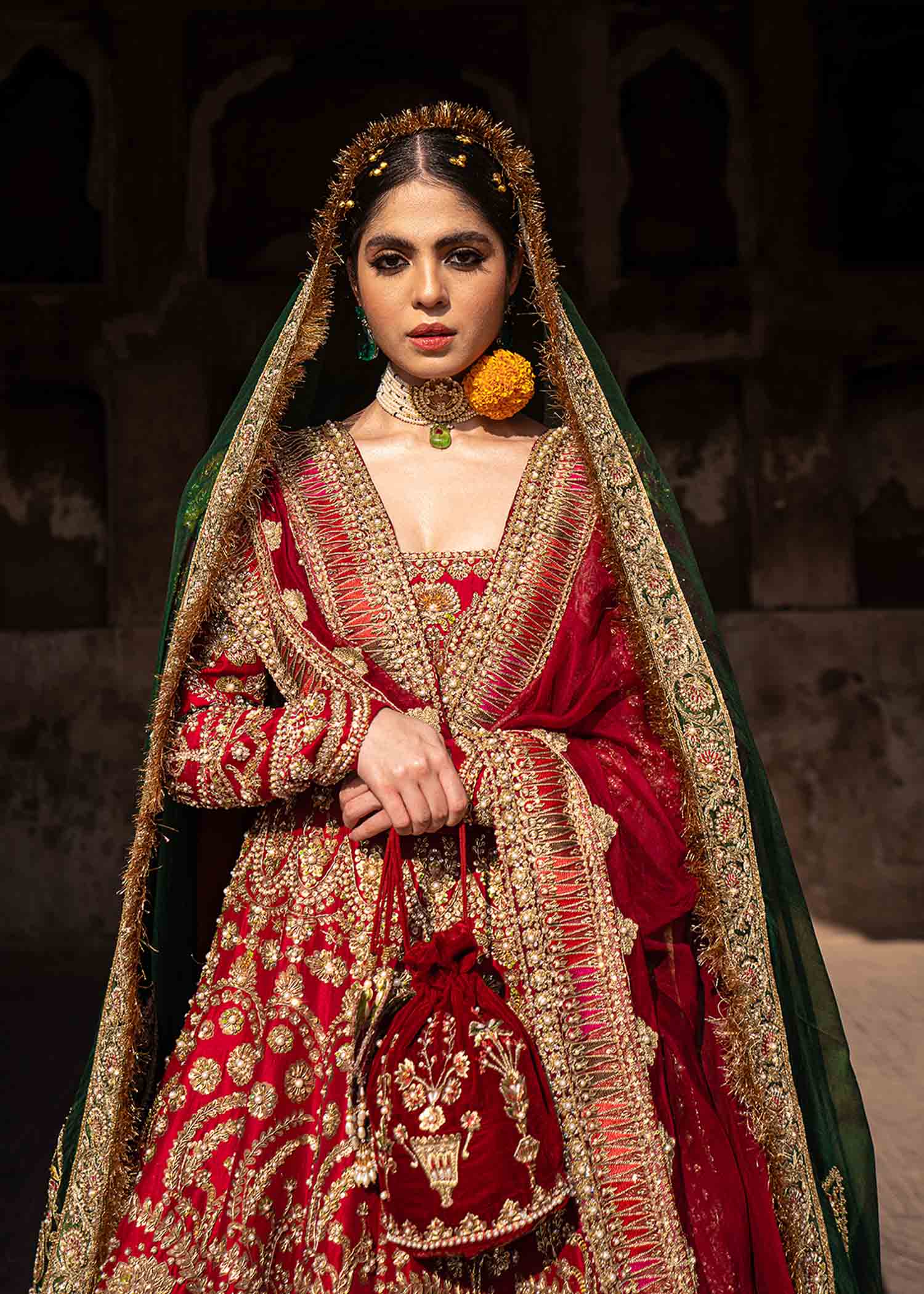 Pakistani Crimson Red Embroidered Raw Silk Bridal Lehenga (3-Piece) - Image 6