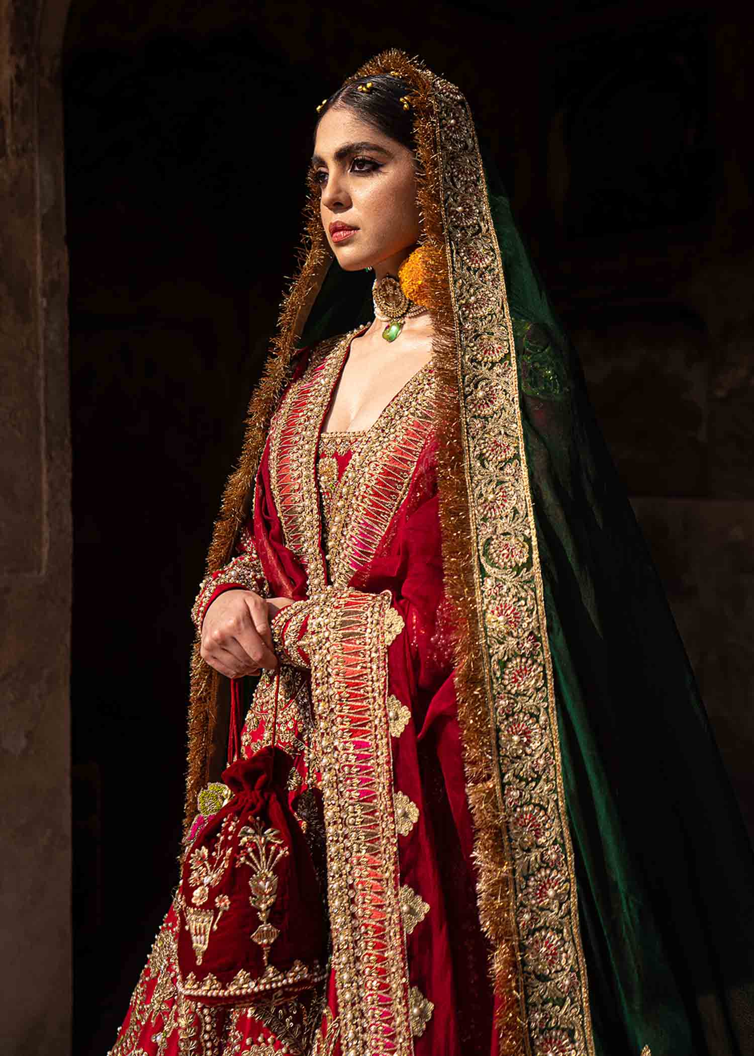 Pakistani Crimson Red Embroidered Raw Silk Bridal Lehenga (3-Piece) - Image 9
