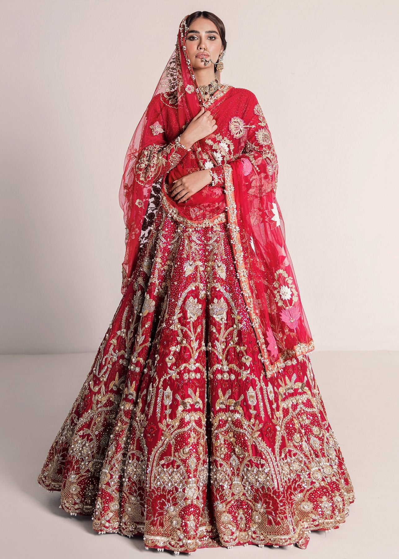 Pakistani Red Zardozi Raw Silk Bridal Lehenga (3-Piece) - Image 1