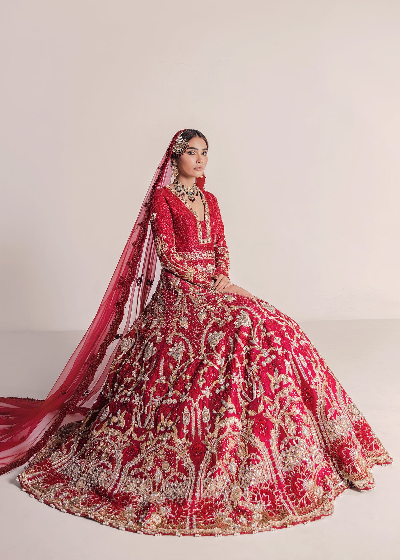 Pakistani Red Zardozi Raw Silk Bridal Lehenga (3-Piece) - Image 3