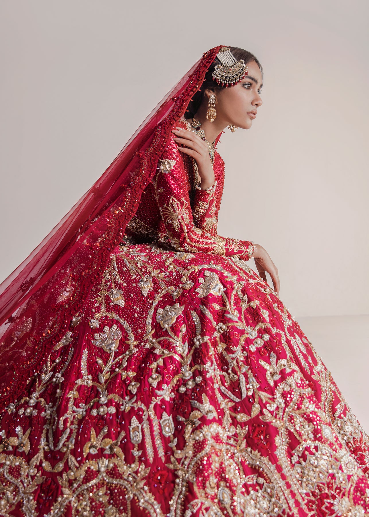 Pakistani Red Zardozi Raw Silk Bridal Lehenga (3-Piece) - Image 5