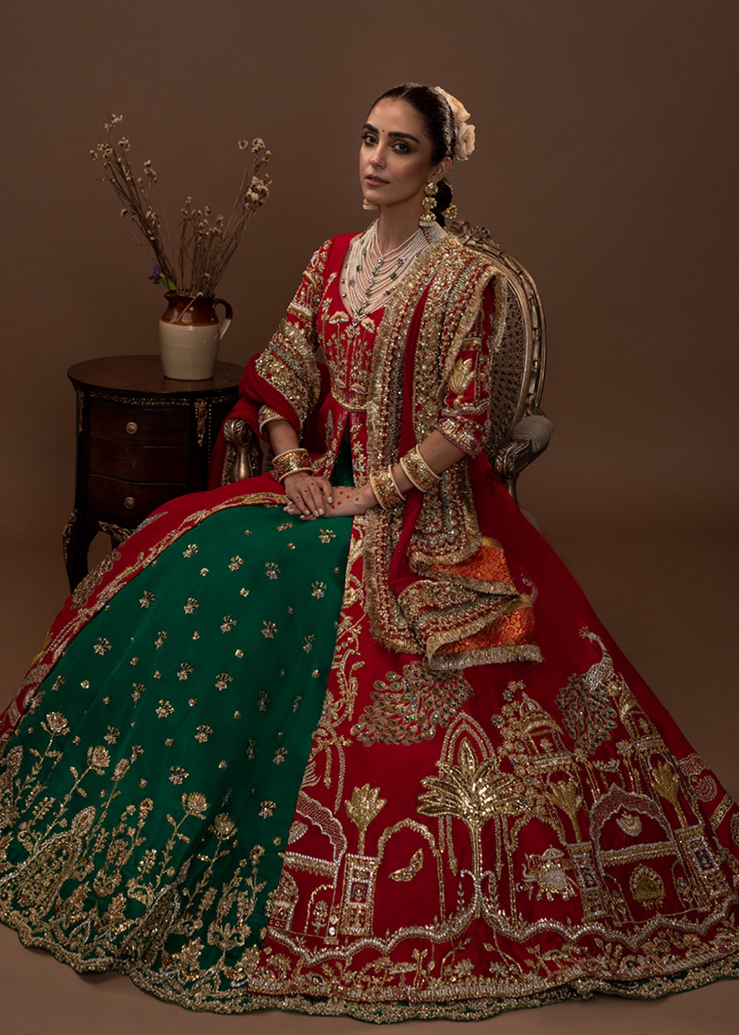 Crimson Red Zardozi Raw Silk Pishwas Lehenga (3-Piece) - Image 4