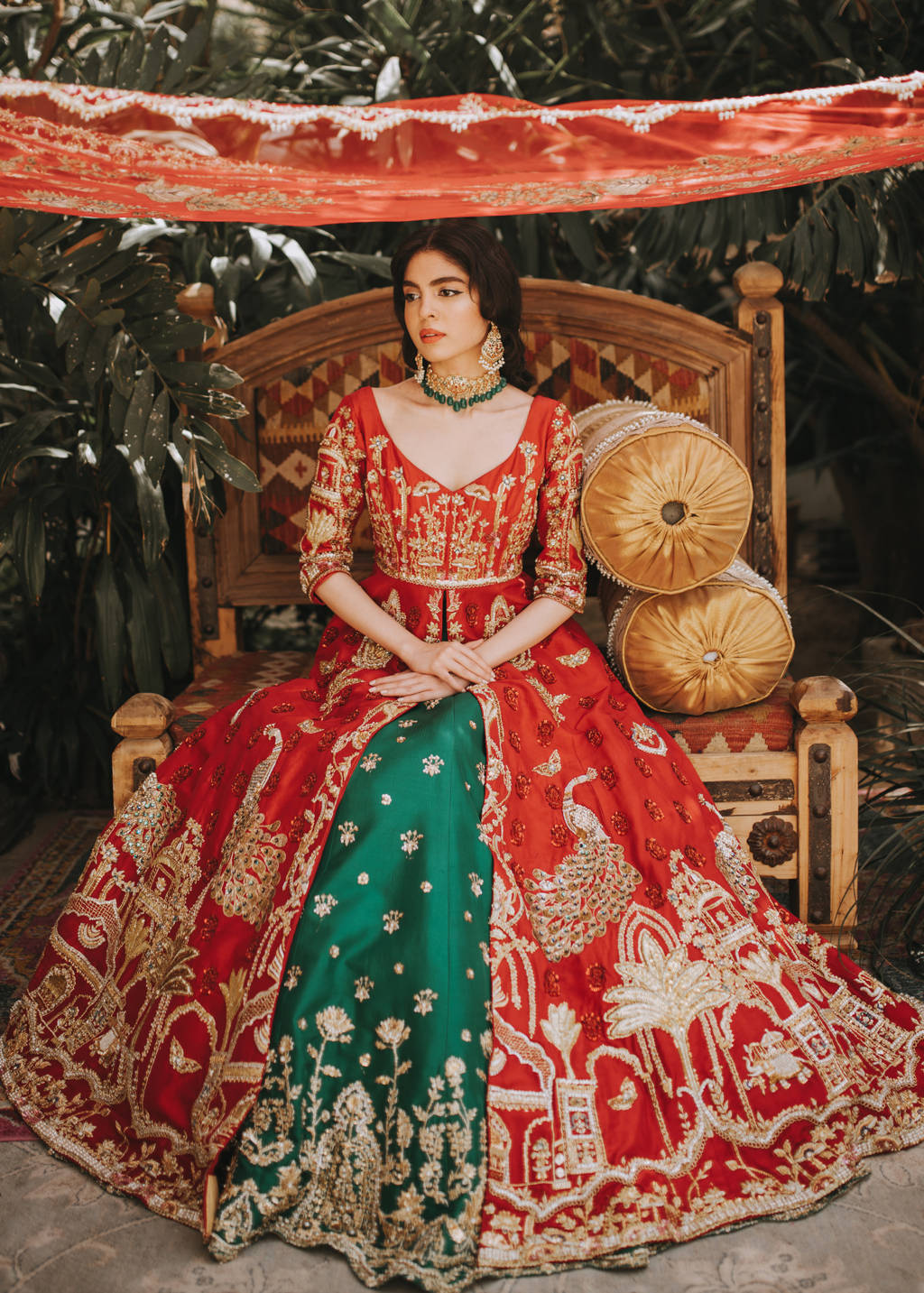 Pakistani Crimson Red Zardozi Raw Silk Pishwas (3-Piece) - Image 2