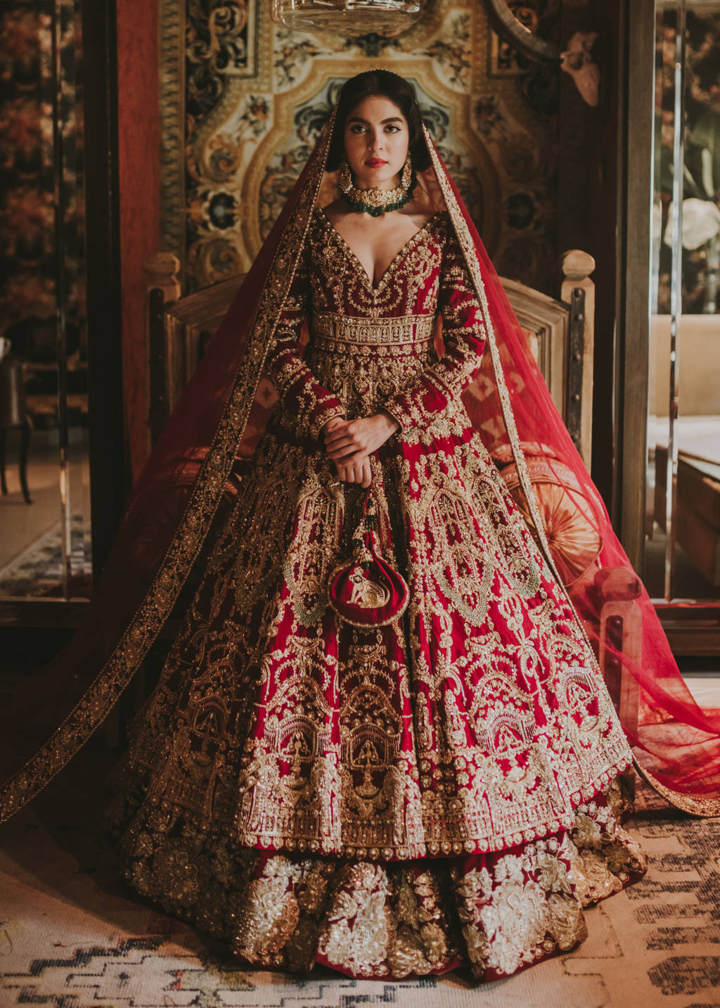 Pakistani Deep Red Embroidered Raw Silk Pishwas Dress (3-Piece) - Image 1