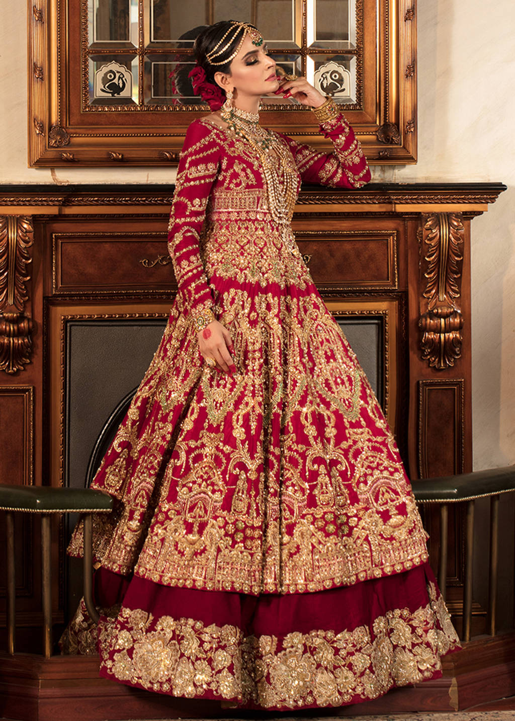 Pakistani Deep Red Embroidered Raw Silk Pishwas Dress (3-Piece) - Image 4