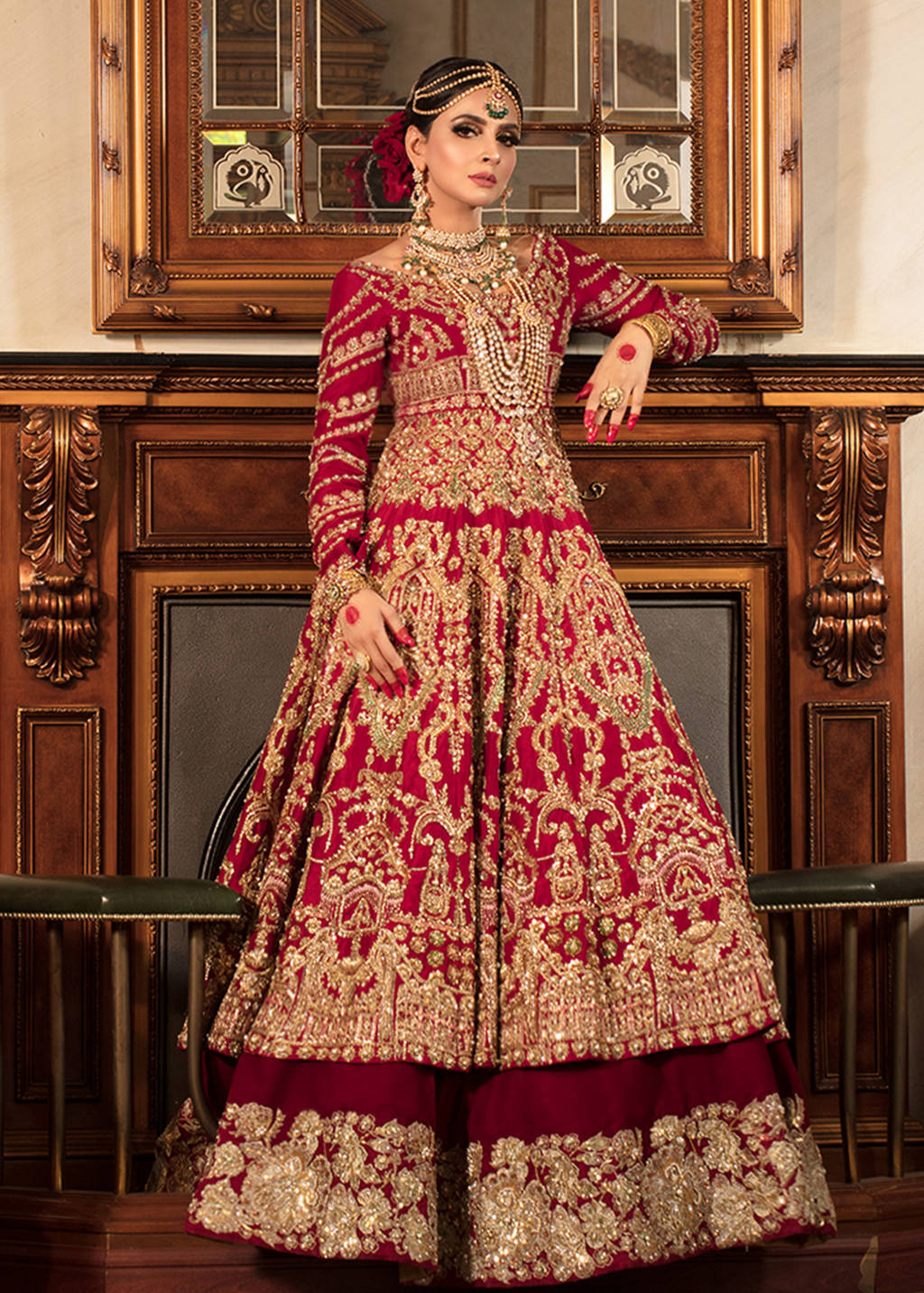 Pakistani Deep Red Embroidered Raw Silk Pishwas Dress (3-Piece) - Image 5