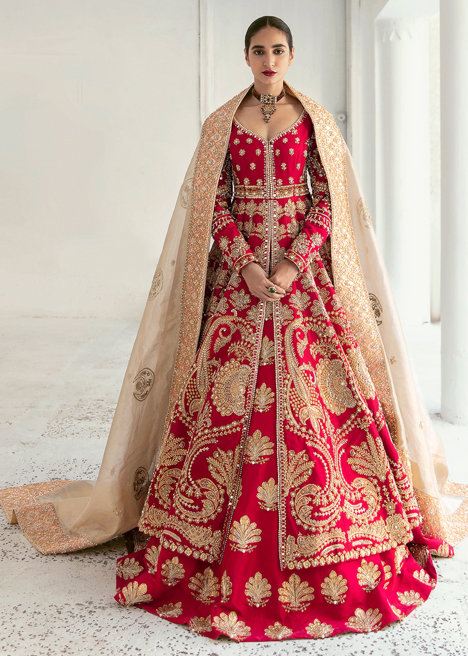 Pakistani Ruby Red Embroidered Raw Silk Pishwas Dress (3-Piece) - Image 1