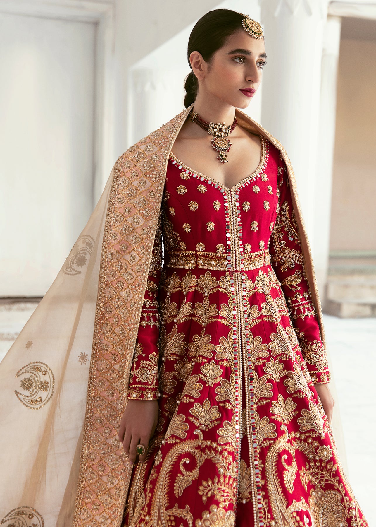 Pakistani Ruby Red Embroidered Raw Silk Pishwas Dress (3-Piece) - Image 4