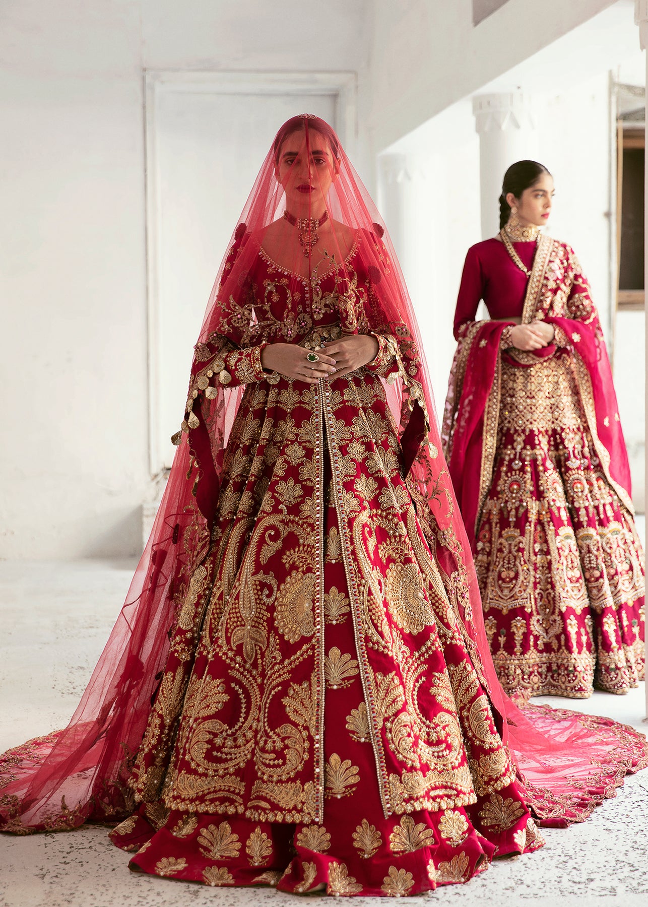 Pakistani Ruby Red Embroidered Raw Silk Pishwas Dress (3-Piece) - Image 5