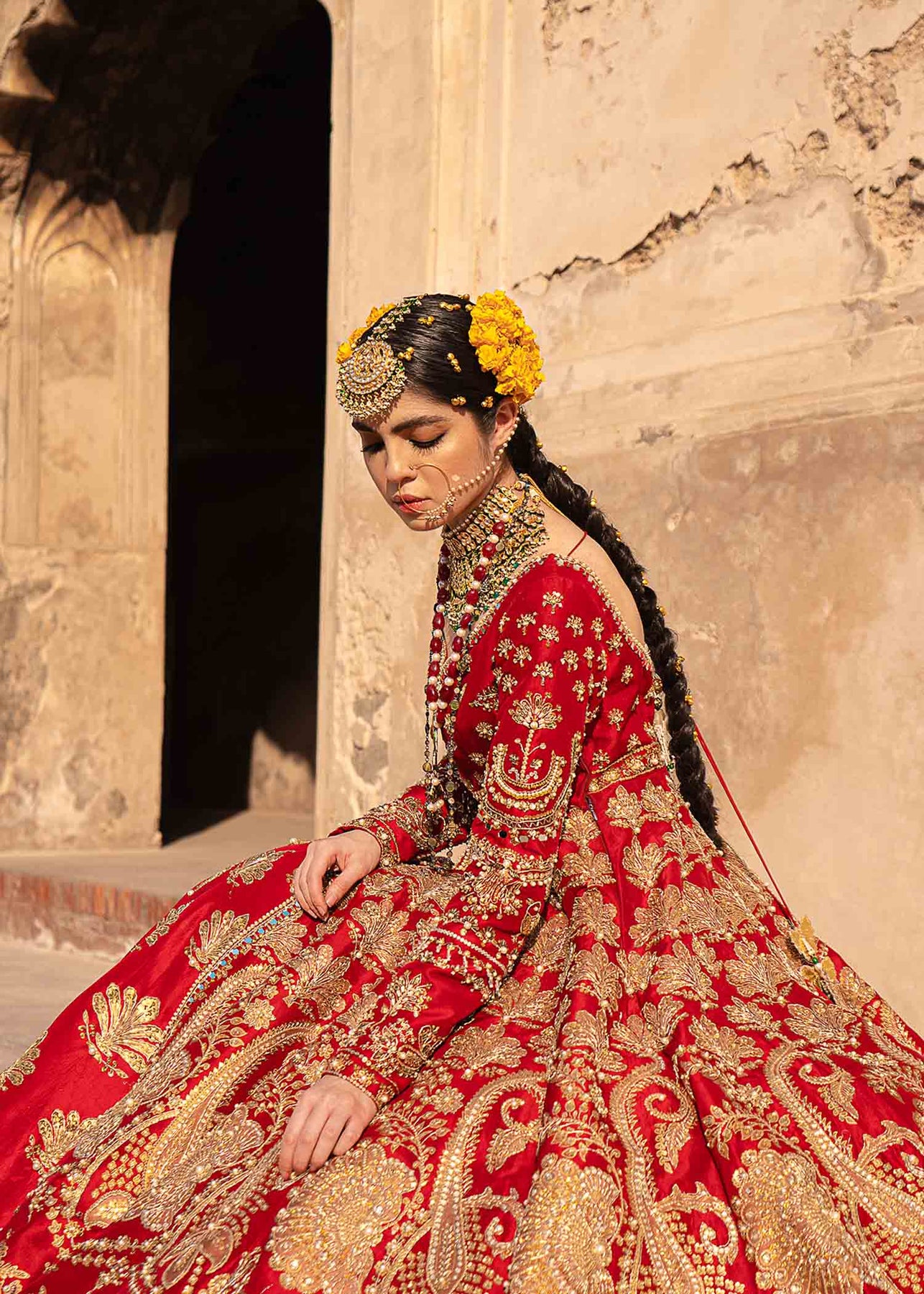 Pakistani Ruby Red Embroidered Raw Silk Pishwas Dress (3-Piece) - Image 7