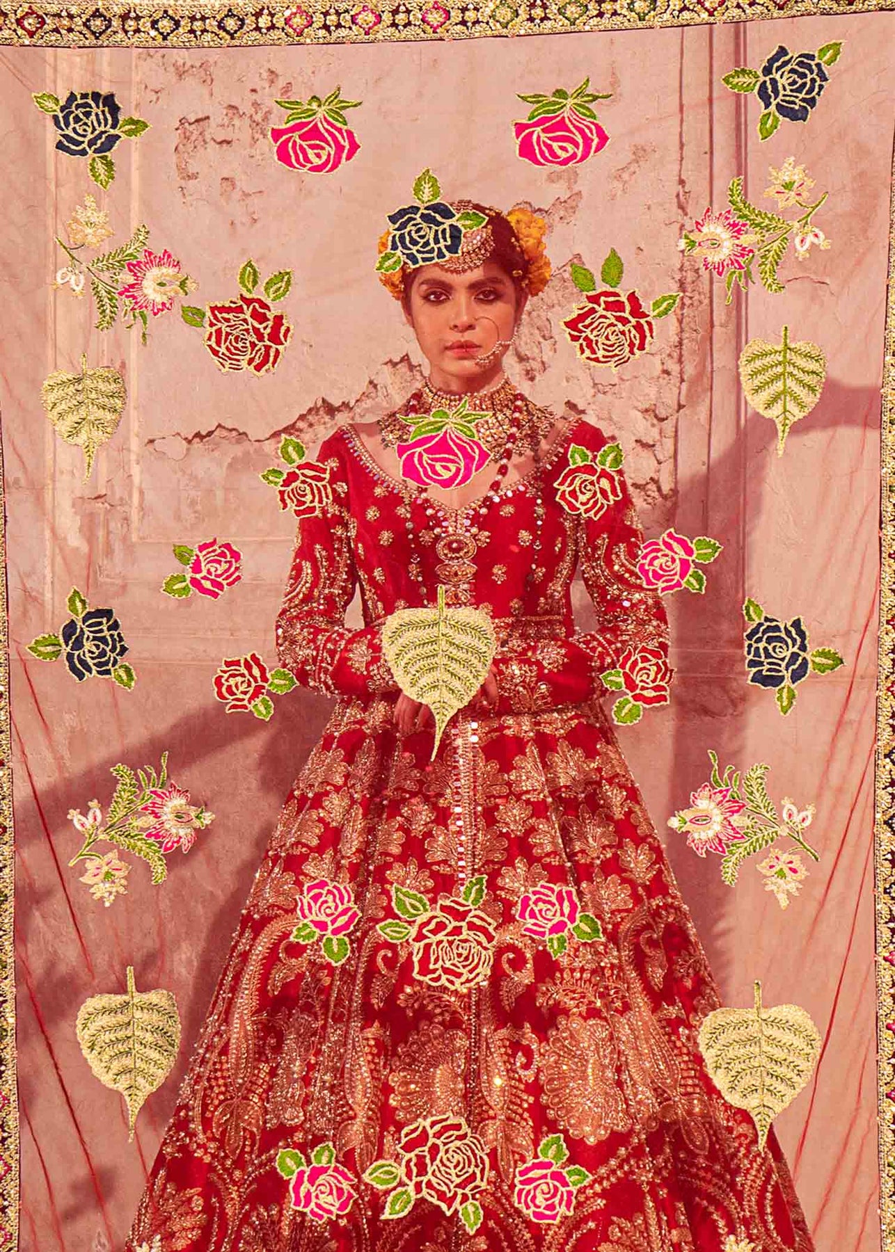 Pakistani Ruby Red Embroidered Raw Silk Pishwas Dress (3-Piece) - Image 8