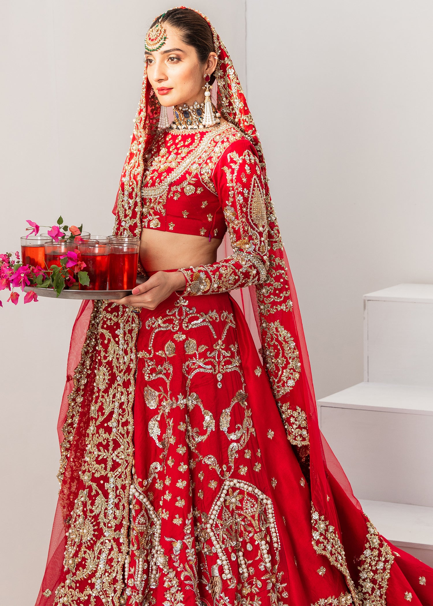 Red Embroidered Raw Silk Lehenga (3-Piece) - Image 2