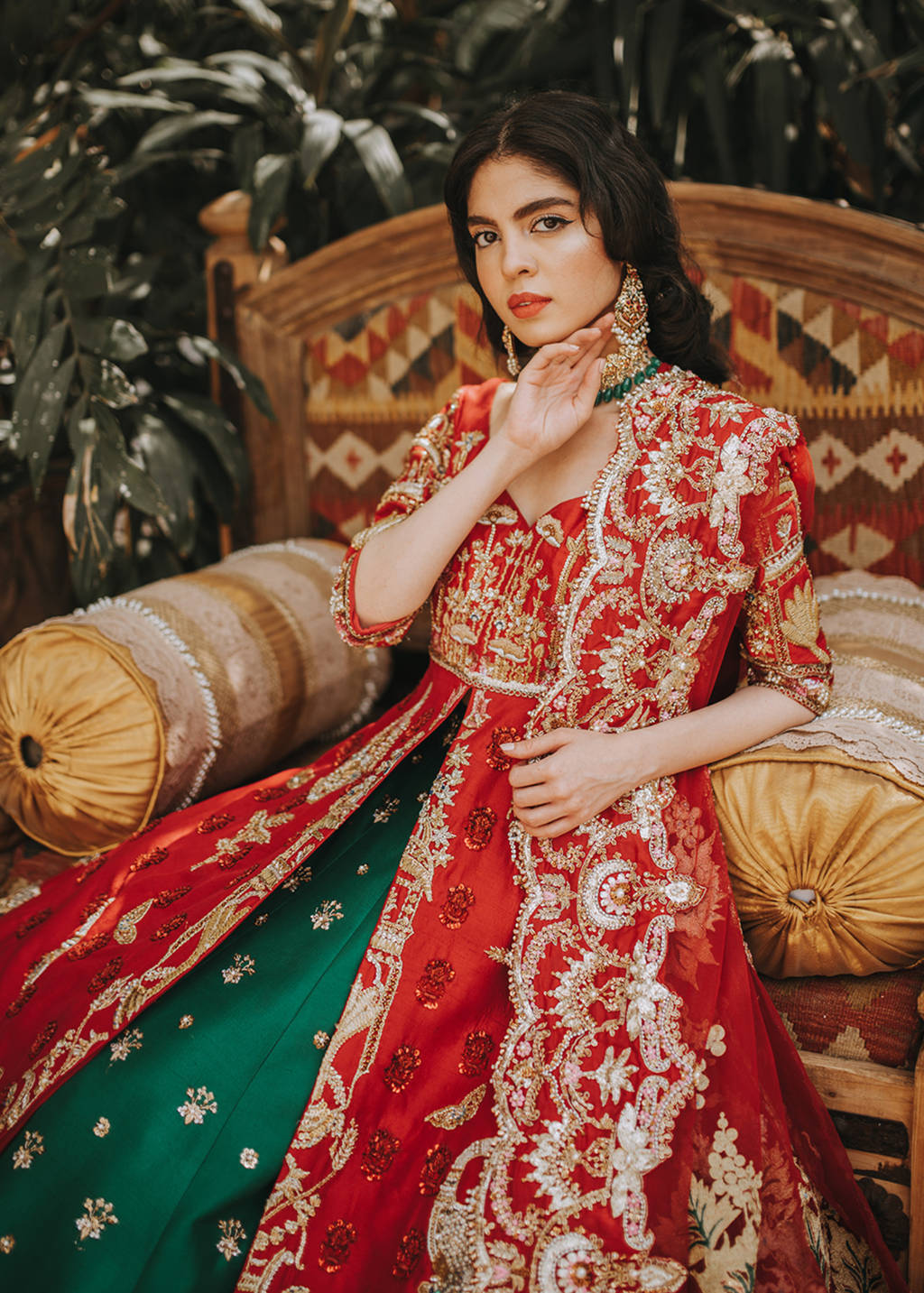 Crimson Red Zardozi Raw Silk Pishwas Dress (3-Piece) - Image 3