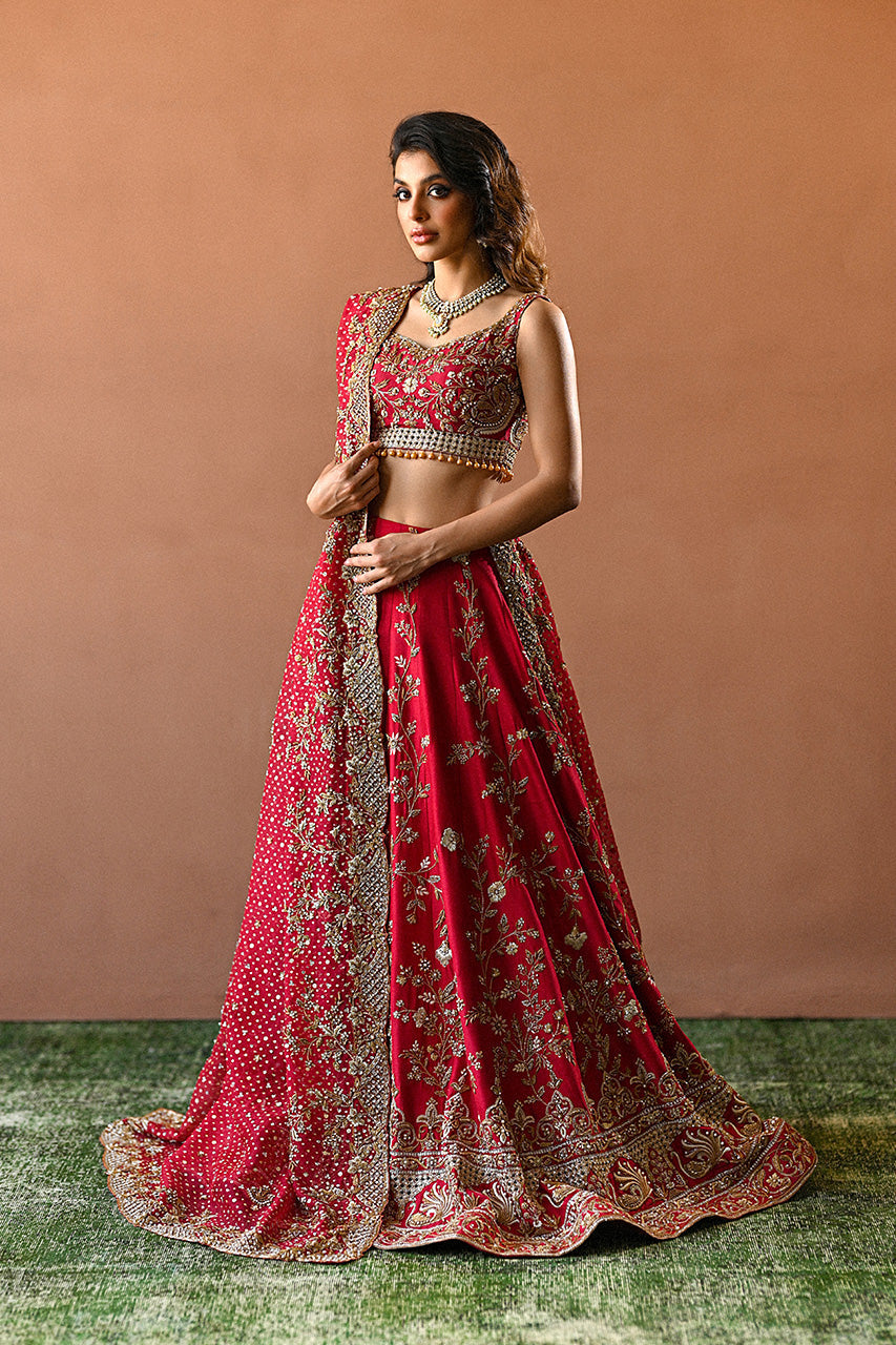 Pakistani Candy Red Zardozi Raw Silk Lehnga Choli (3-Piece) - Image 1