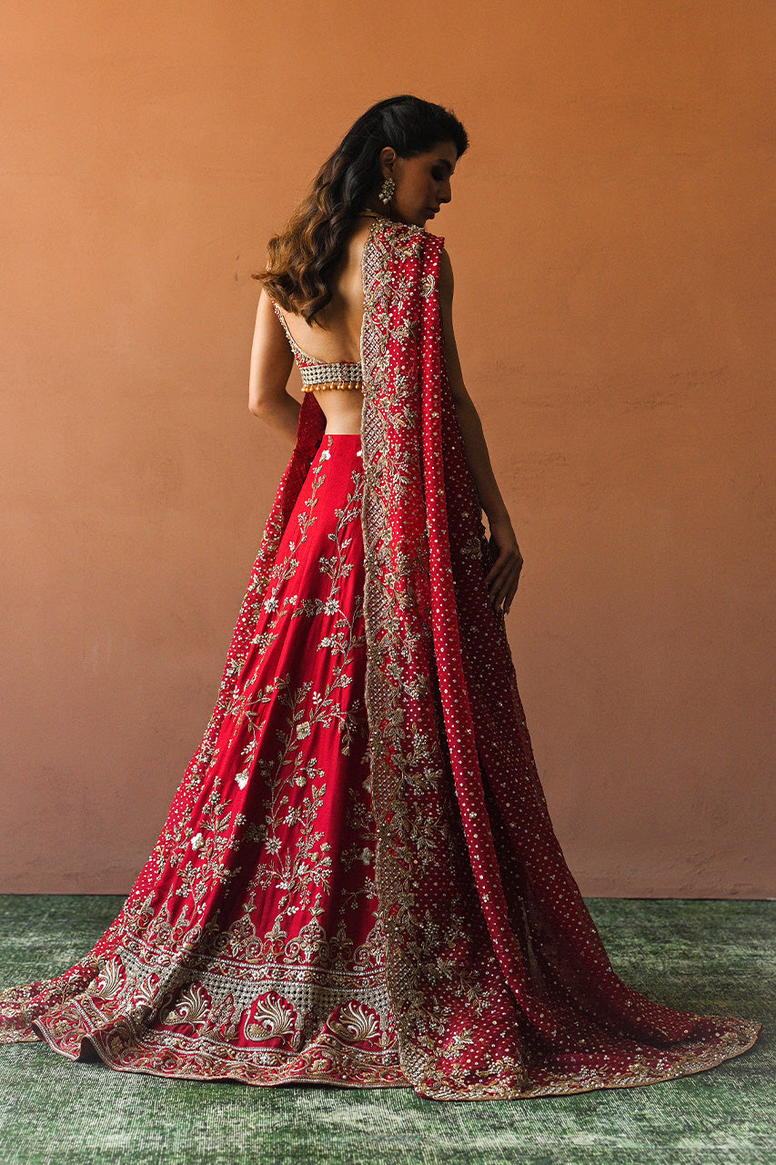 Pakistani Candy Red Zardozi Raw Silk Lehnga Choli (3-Piece) - Image 2