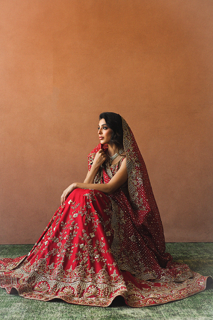 Pakistani Candy Red Zardozi Raw Silk Lehnga Choli (3-Piece) - Image 3