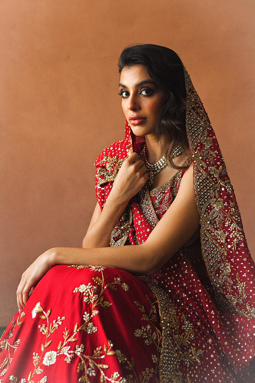 Pakistani Candy Red Zardozi Raw Silk Lehnga Choli (3-Piece) - Image 4